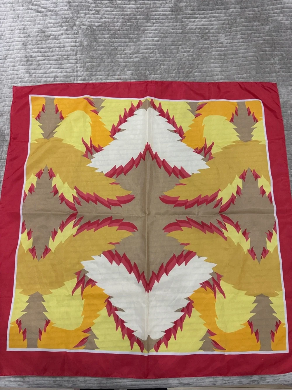 Vibrant Feather-Print Square Scarf in Red, Yellow, Tan